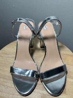 bp Metallic Silver Block Heel Sandals